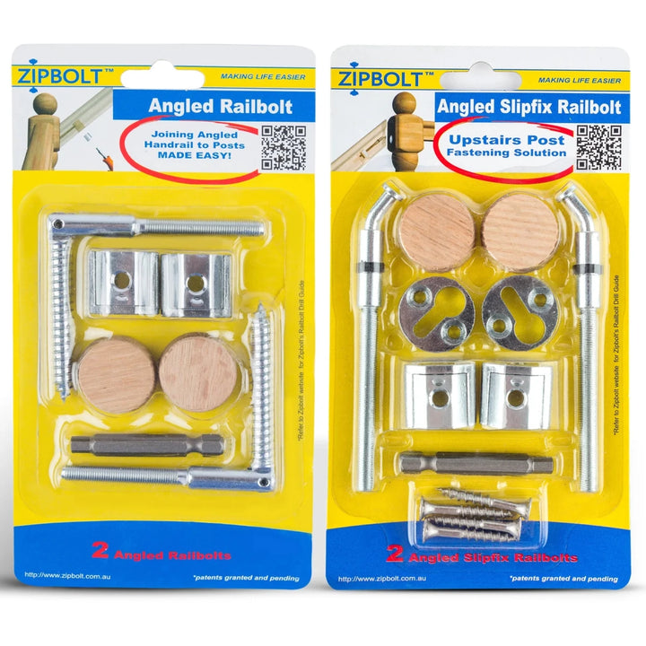 Angled Staircase Handrail to Newel Post Installation Kit — 11.560 Angled Railbolt + 13.960 Angled Slipfix Railbolt - All Things Stairs