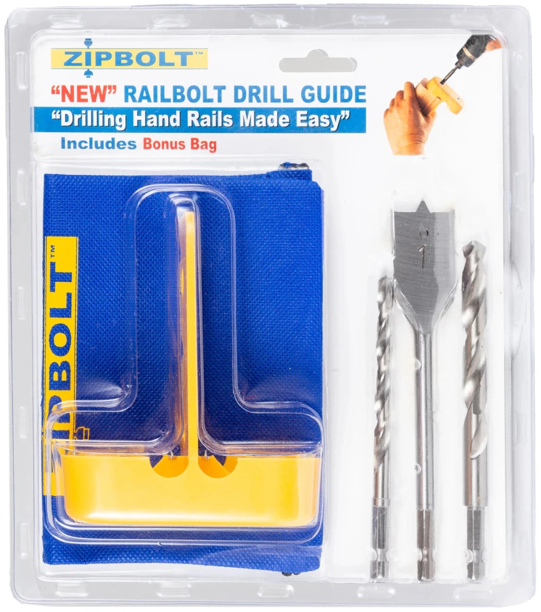 Zipbolt 40.260 Railbolt Drill Guide — Railbolt Installation Jig for Staircase Handrails with 1/4", 3/8" Drill Bits & 1” Spade Bit - All Things Stairs