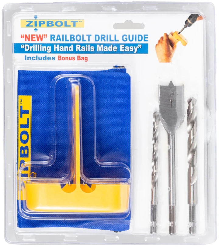 Zipbolt 40.260 Railbolt Drill Guide — Railbolt Installation Jig for Staircase Handrails with 1/4", 3/8" Drill Bits & 1” Spade Bit - All Things Stairs